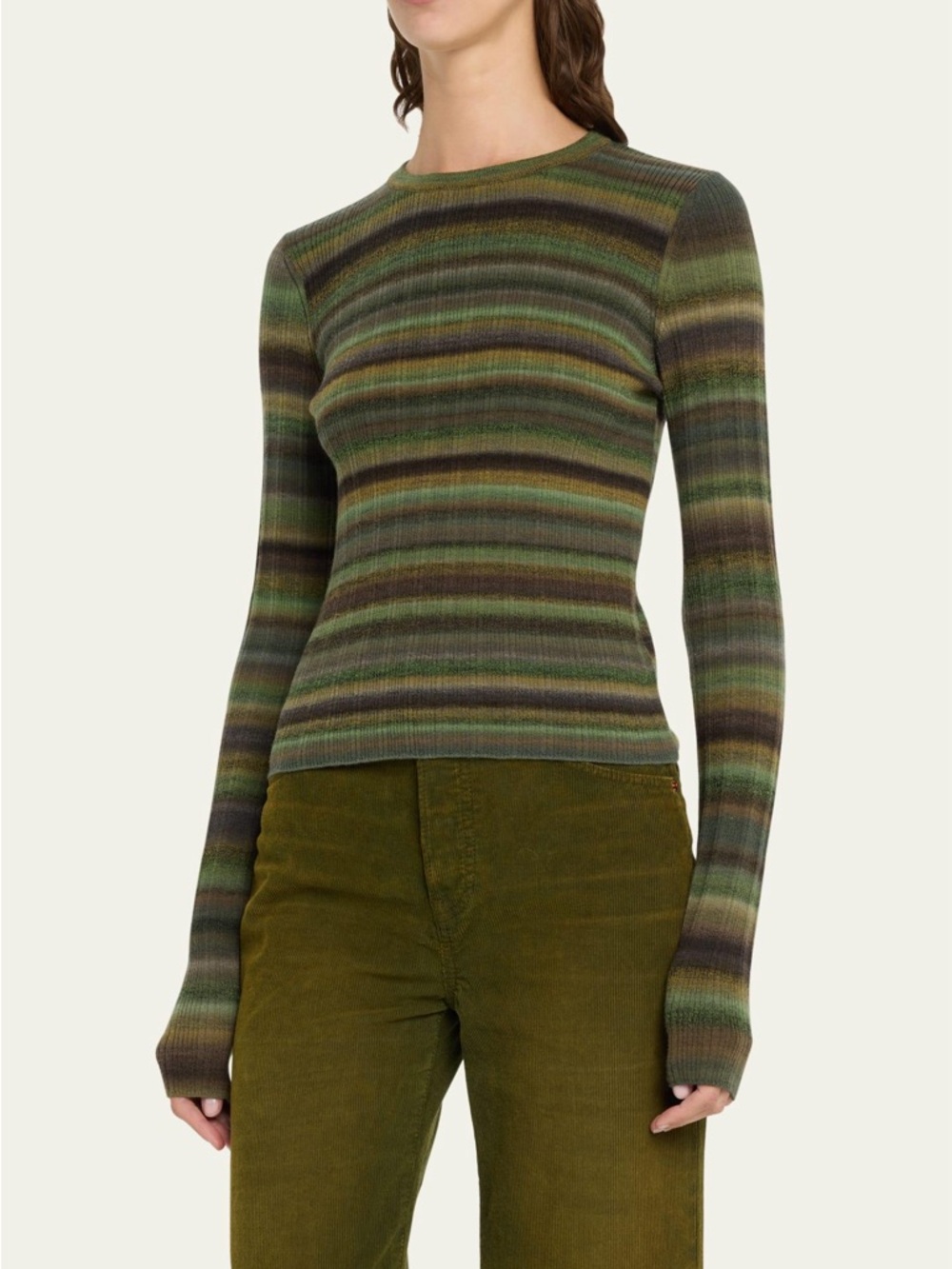 RE/DONE Women's Green Stripe Long-sleeve Ribbed Crewneck Sweater